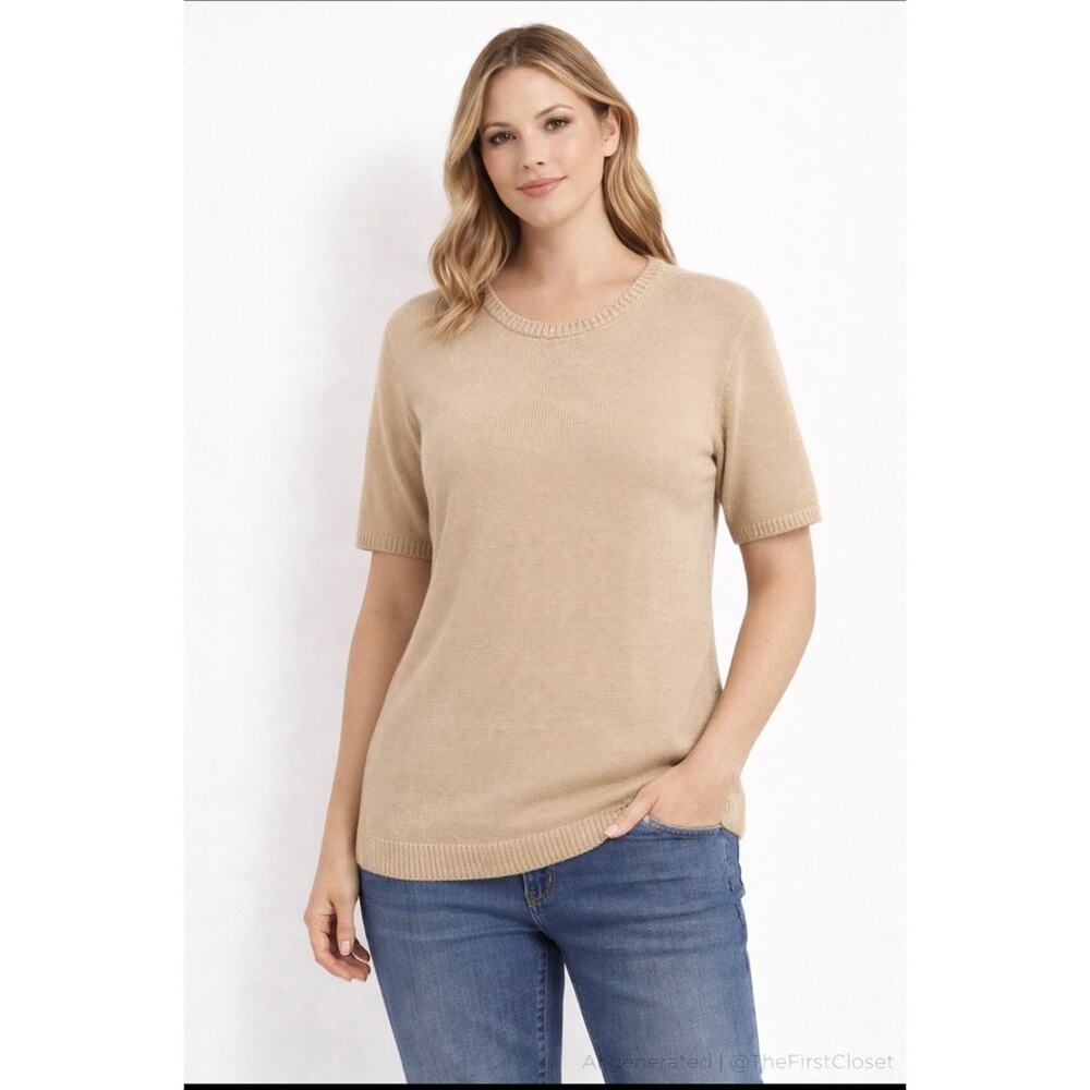 Lands End Womens Tan Knit‎ Short Sleeve Sweater Top Plus Size 1X